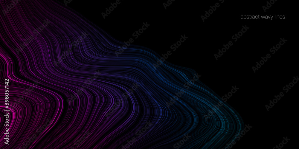 Poster abstract wave lines fluid colorful purple blue green isolated on black background with space for tex
