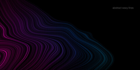 Fototapeta premium Abstract wave lines fluid colorful purple blue green isolated on black background with space for text in concept of technology, digital, science, music