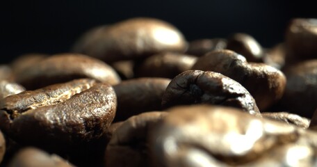 Light on coffee beans. Concept premium coffee bean for process best coffee. Macro shot of dark coffee. 