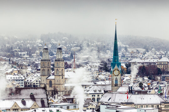 Winter landscape of Zurich with churches and lake, Switzerland