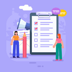 Agenda, to do list, daily planner. Group of people stand near big document, clipboard. Modern vector illustration