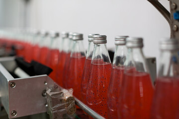 Product of Basil seed with fruit on the conveyor belt in the beverage factory. Bottling line for processing and bottling Basil seed with fruit into bottles. Food, health and Beverage industry