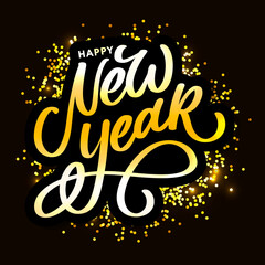 Happy New Year 2021 Beautiful greeting card poster with calligraphy black text word gold fireworks. Hand drawn design elements. Handwritten modern brush lettering white background isolated vector