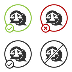 Black Scales of justice icon isolated on white background. Court of law symbol. Balance scale sign. Circle button. Vector.