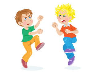 Children and emotions. Two angry boys are fighting. In cartoon style. Isolated on white background. Vector flat illustration.