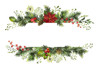 Christmas banner with fir branches, poinsettia flower, holly berry and space for text. Postcard. Christmas background. - obrazy, fototapety, plakaty