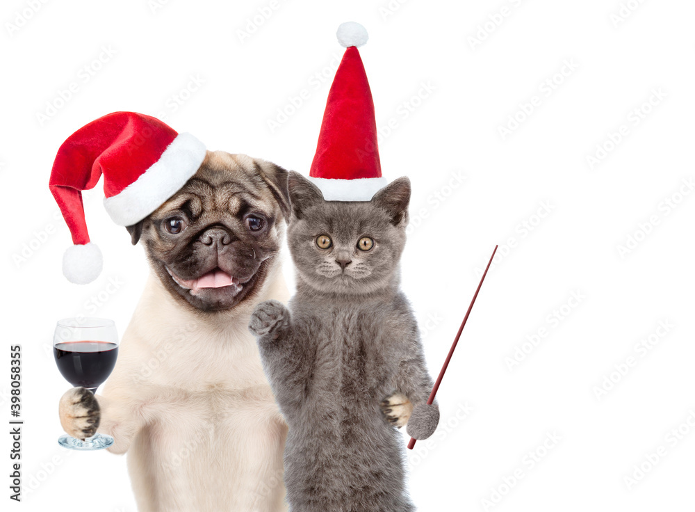 Aufkleber pug puppy holds glass of a wine. funny cat points away on empty space. pets wearing red christmas ha