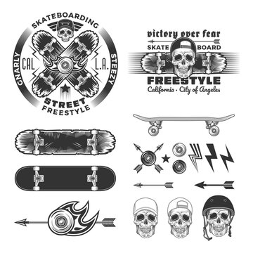 Skateboarding emblem set with skull and crossed skyboards. Additional elements for creating emblems. Print graphic and web design. Monochrome vector illustration.