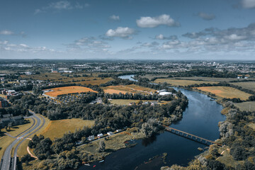 Aerial view over River Shannon, located between County Limerick and  Clare. Irish landscape in...
