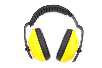 Ear muffs prevent noise from working on a white background.