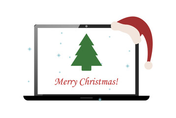 Laptop icon with christmas tree and santa claus hat with merry christmas and happy new year, video call or web conference in 2021. Quarantine, online party. Vector illustration.