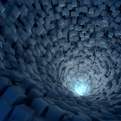 The tunnel is covered with cubes  and has the light at the end of it.