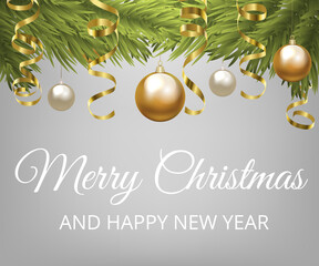 Fototapeta premium Christmas fir tree with baubles and golden serpentine. Christmas card