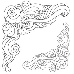 Decorative zen corner made of doodle curls and flowing lines, coloring page with corner frame with tangles and spirals, vector illustration