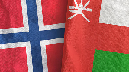 Oman and Norway two flags textile cloth 3D rendering