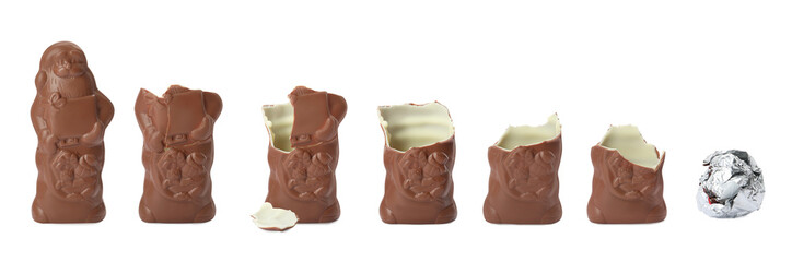 Tasty chocolate Santa Claus candy on white background, eating steps. Banner design
