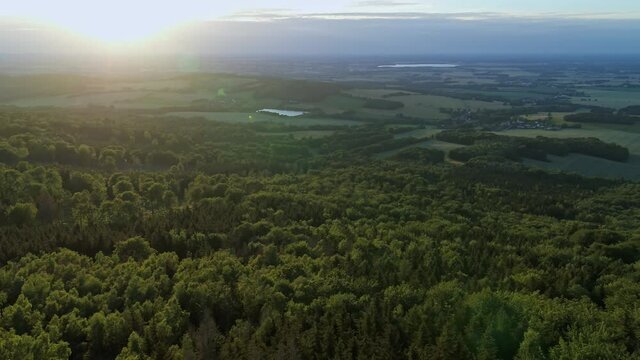 sunset Aerial flight over the woods in Oberlausitz while sunset in Saxony, Germany beautiful landscape germany 