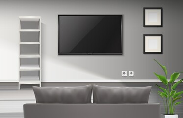 Naklejka na ściany i meble 3d realistic vector interior of living room with gray couch and TV screenplay, blank paintings and book shelves .
