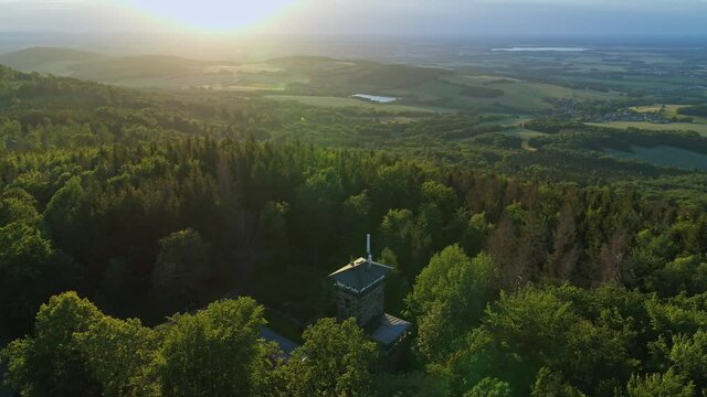 sunset Aerial flight over the woods in Oberlausitz while sunset in Saxony, Germany beautiful landscape germany 