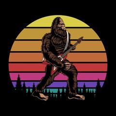 Bigfoot play guitar sunset retro vector illustration