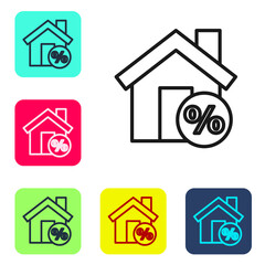 Black line House with percant discount tag icon isolated on white background. House percentage sign price. Real estate home. Set icons in color square buttons. Vector Illustration.