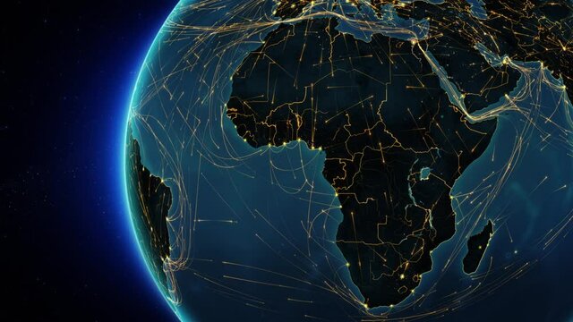 African map with yellow lines. Animation of the Earth with bright connections representing aerial, maritime, ground routes and country borders.