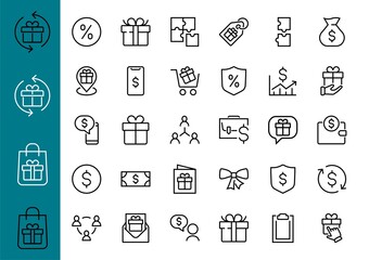 Set of business vector line icons. It contains user symbols, dollar pictograms, gears, briefcase, puzzles, envelope, percentage, messages, schedule, and more. Editable Bar 480x480 pixels.