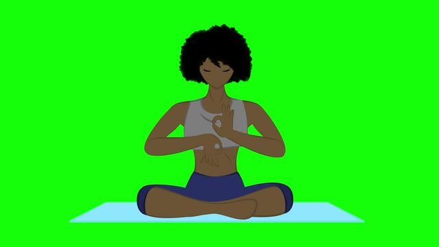 A girl in the lotus position meditation (yoga), spreads her arms and returns to the center, making gestures with the Jnana Mudra brush. (2D animation, green screen)