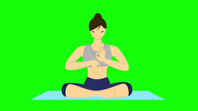 A girl in the lotus position practices yoga (meditation), slowly spreads her arms and returns to her chest, making gestures with the Jnana Mudra brush. (vector 2D animation, 4k, 60 fps, green screen)