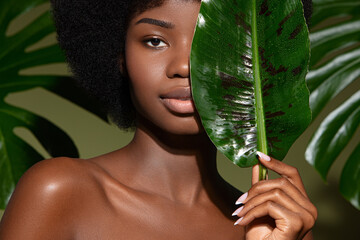 Beauty portrait of young beautiful african american woman with posing with banana leaf curly hair against green exotixc plants  background. Natural skin care concept - obrazy, fototapety, plakaty