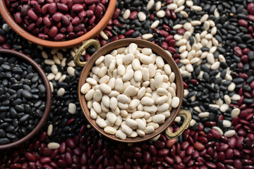 white beans in copper bowl, brown ceramic bowl and wooden bowl of beans. black bean, red kidney bean. navy bean, cannellini bean, white kidney bean. scattered various beans.