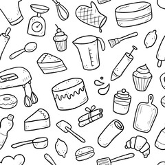 Hand drawn seamless pattern of baking and cooking tools, mixer, cake, spoon, cupcake, scale. Doodle sketch style. Illustration for textile, background, wallpaper design.