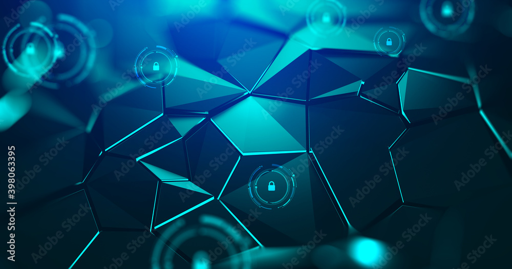 Aufkleber Cybersecurity. Futuristic blockchain background. Calculation of data for an abstract data center, server, high-speed Internet. Futuristic HUD. Displays technical title screens. 3D illustration