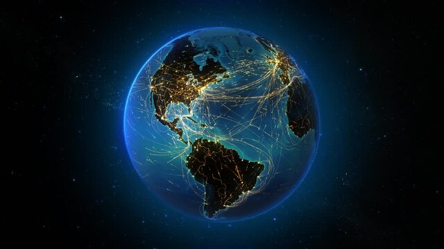 Loopable rotating Earth with bright connections forming a network. This video can be used to represent concepts like technology, social networks, communication, air and sea transportation