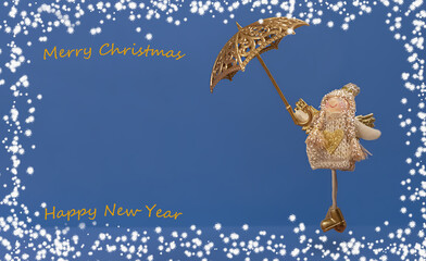 Angel girl with umbrella and the inscription Merry Christmas and Happy New Year on a blue background with snowflakes.