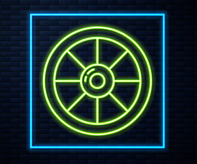 Glowing neon line Round wooden shield icon isolated on brick wall background. Security, safety, protection, privacy, guard concept. Vector.
