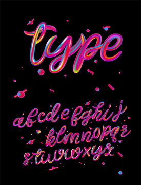 Type. Alphabet set of iridescence holographic and multicolor 3d letters isolated on black background for poster, flyer, banner, or design element. Pink psychedelic color typography. Vector.