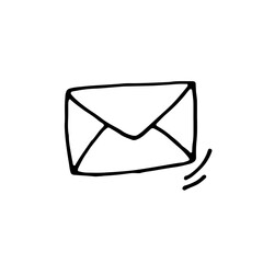 An envelope with a letter. Doodle illustration, hand drawn. Black and white outline