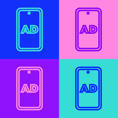 Pop art line Advertising icon isolated on color background. Concept of marketing and promotion process. Responsive ads. Social media advertising. Vector.