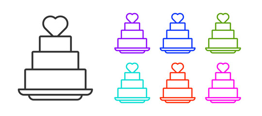 Black line Wedding cake with heart icon isolated on white background. Set icons colorful. Vector.