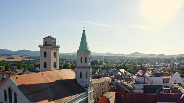 Drone Flight over the Johanniskirche in Zittau with the beautiful old town around , Saxony