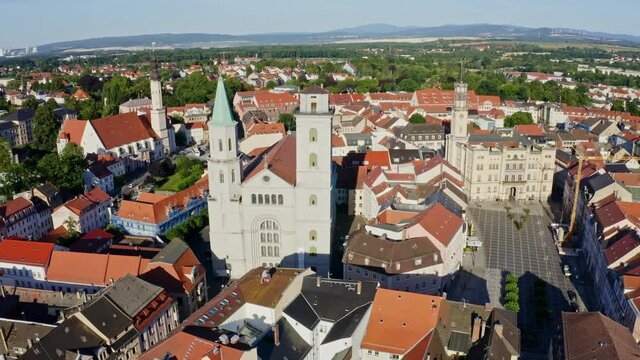 Drone Flight over the Johanniskirche in Zittau with the beautiful old town around , Saxony