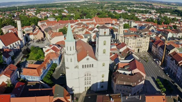 Drone Flight over the Johanniskirche in Zittau with the beautiful old town around , Saxony