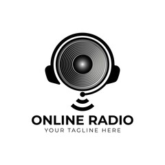 Online Radio Logo design using sound speaker and Headphone icon