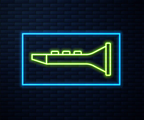 Glowing neon line Clarinet icon isolated on brick wall background. Musical instrument. Vector.