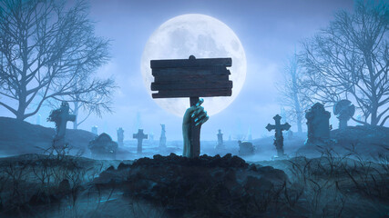 3d render Zombie hand with a wooden plaque out of the ground at night against the background of the moon in the cemetery