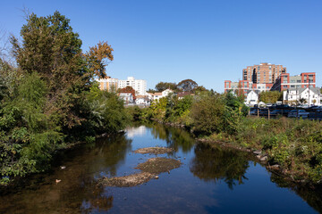 Fototapeta na wymiar Rippowam River in Stamford Connecticut during Autumn with Beautiful Trees