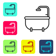 Black line Bathtub icon isolated on white background. Set icons in color square buttons. Vector.