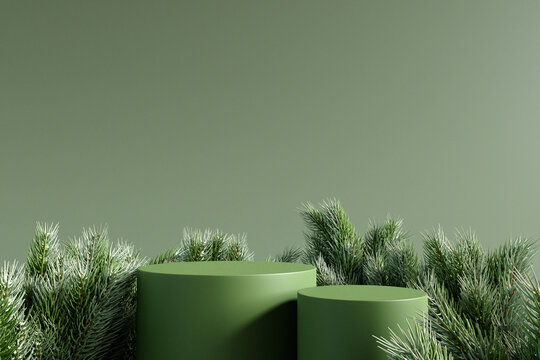 Green Product Display Podium. Pine Concept. 3D Rendering	