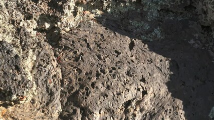 Solidified Igneous Lava Rock.Basalt Spongy structure porous crushed and broken stones frozen gibber reg regs geology geological clinkers scoria magmatic cinder 4K.